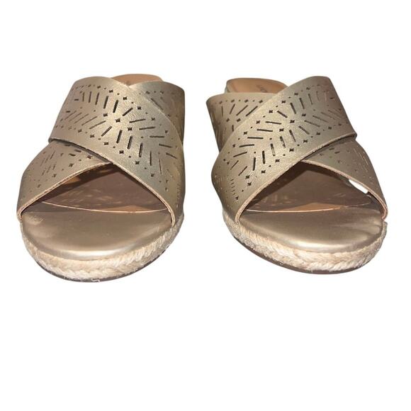 Lucky Brand Keela women’s 9.5 leather gold crisscross open Espadrille sandal ￼ - Picture 3 of 12